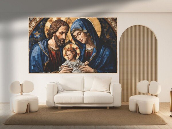 holy family stained glass canvas wall art shown framed on a wall