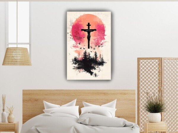 crucifixion scene canvas wall art shown framed on a wall
