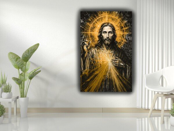 sacred heart of jesus canvas wall art shown framed on a wall