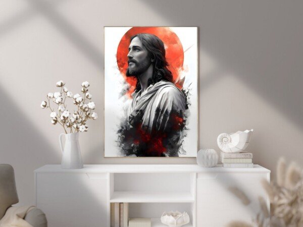 jesus portrait canvas wall art shown framed on a wall
