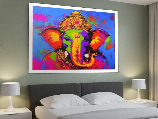 ganesh pop art canvas wall art shown framed on a wall