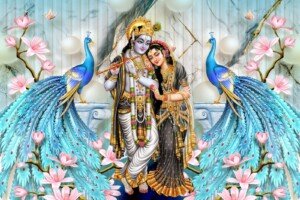 Radha Krishna Peacock Elegance Canvas Wall Art 3x4 Feet – Floating Frame – Premium Digital Canvas Print – Living Room & Home Spiritual Wall Décor
