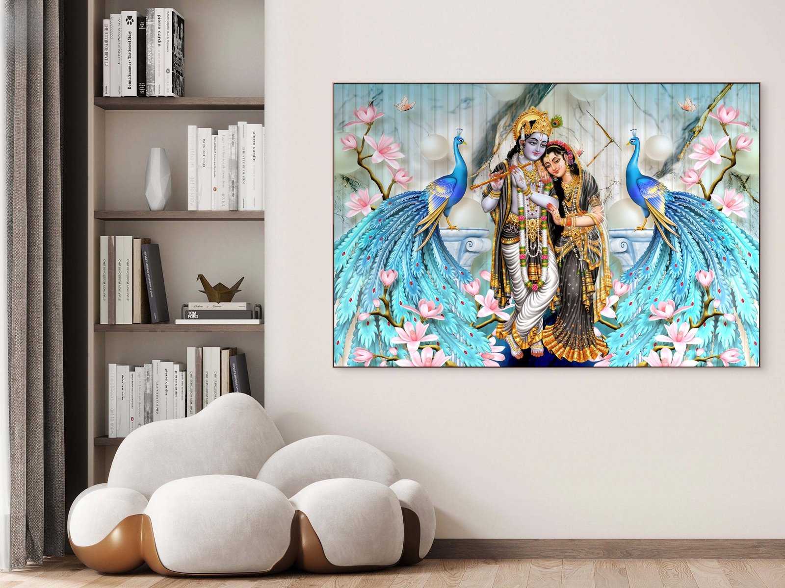 Radha Krishna Peacock Elegance canvas wall art placement