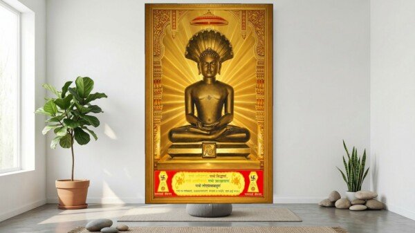 mahavira golden shrine canvas wall art shown framed on a wall