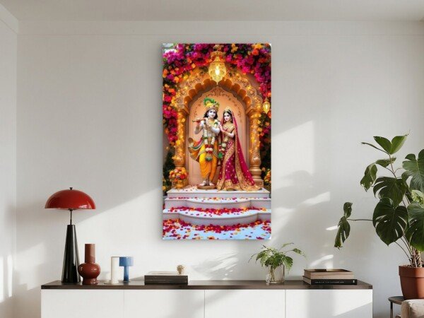 krishna and radha canvas wall art shown framed on a wall