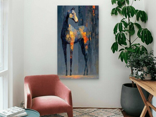 vibrant horse art canvas wall art shown framed on a wall