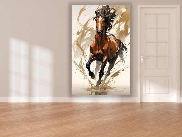 running brown horse canvas wall art shown framed on a wall
