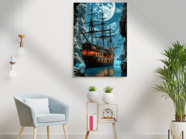 moonlit sailing adventure canvas wall art shown framed on a wall