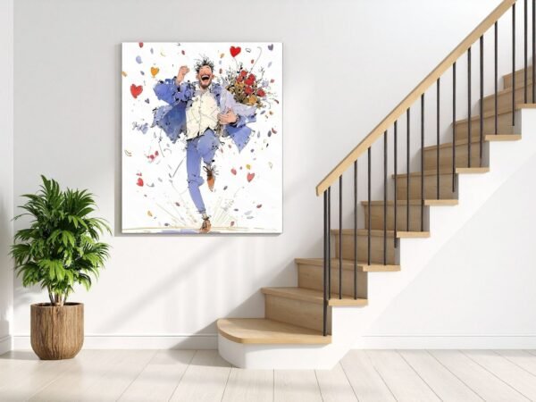 joyful man with bouquet canvas wall art shown framed on a wall