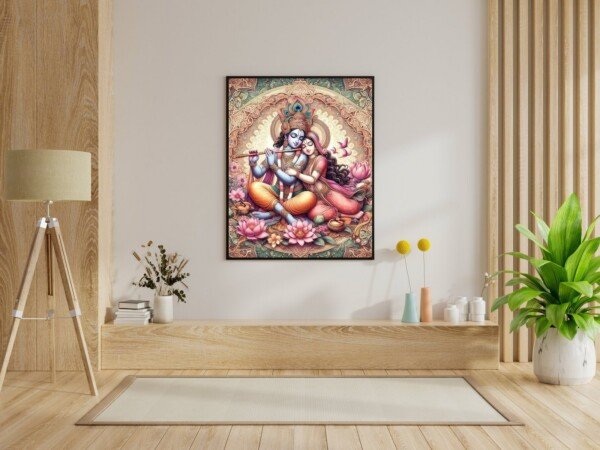 krishna with radha canvas wall art shown framed on a wall