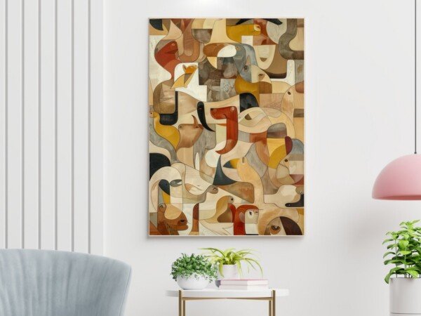 geometric animal composition canvas wall art shown framed on a wall