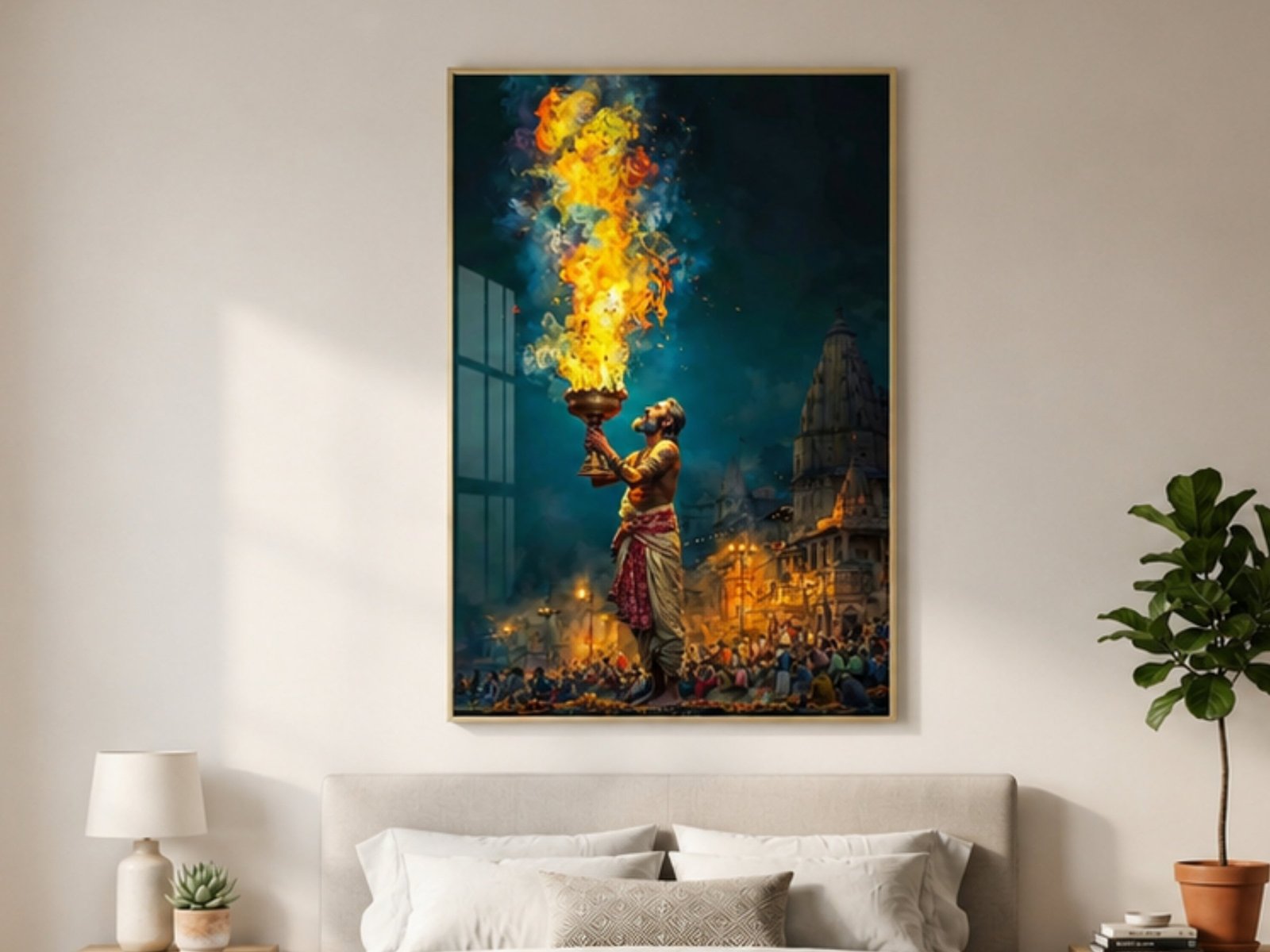 Ganga Aarti Flame framed canvas wall art