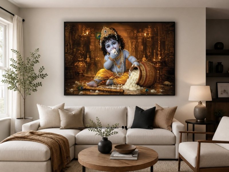 baby krishna butter delight canvas wall art shown framed on a wall