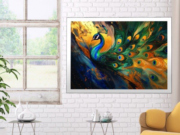 peacock art canvas wall art shown framed on a wall