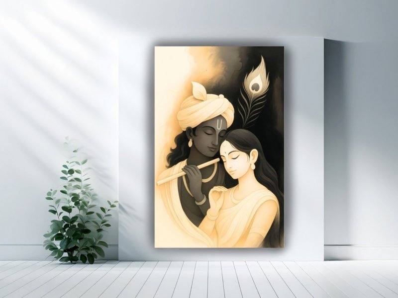 radha krishna love canvas wall art shown framed on a wall