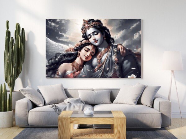 radha krishna angel embrace canvas wall art shown framed on a wall
