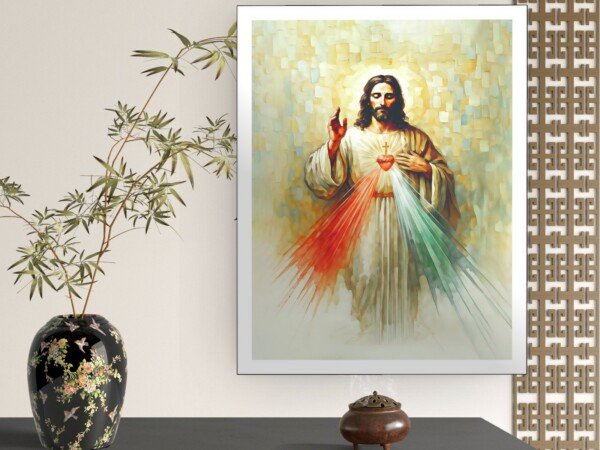 divine mercy radiance canvas wall art shown framed on a wall