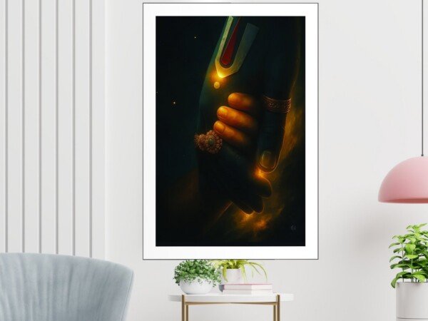divine hand with mala canvas wall art shown framed on a wall