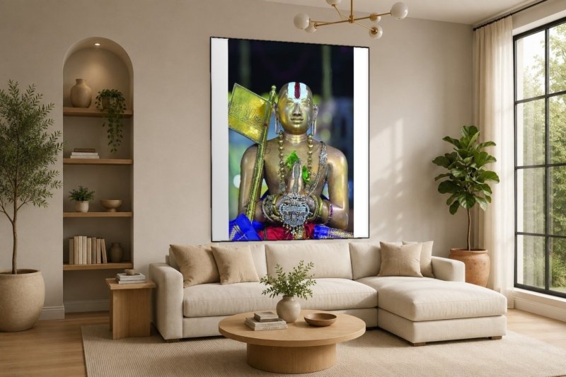 sri ramanuja golden murti canvas wall art shown framed on a wall