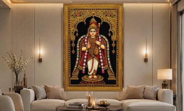 tanjore murugan panel canvas wall art shown framed on a wall