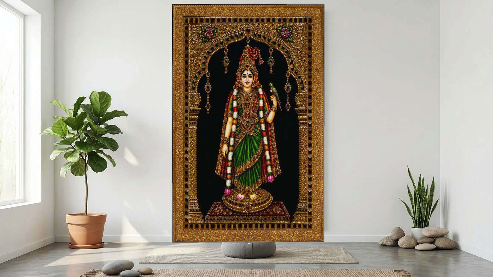 Andal with Parrot Tanjore framed canvas wall art