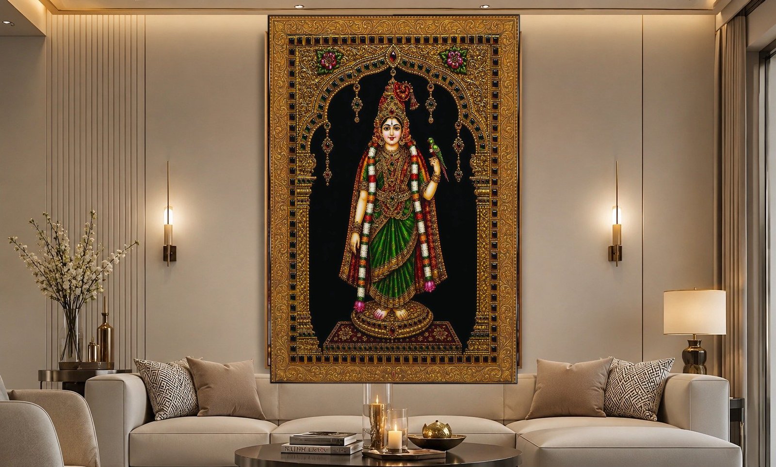 Andal with Parrot Tanjore canvas wall art placement