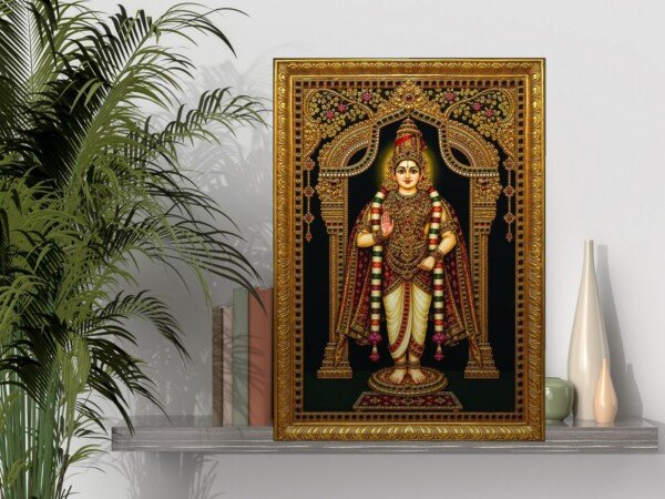tanjore golden deity canvas wall art shown framed on a wall