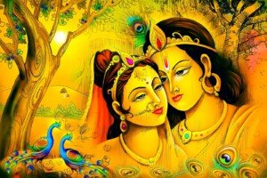 Golden Radha Krishna Duet Canvas Wall Art 3x4 Feet – Floating Frame – Premium Digital Canvas Print – Living Room & Home Spiritual Wall Décor