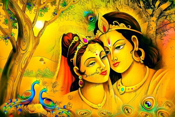 golden radha krishna duet canvas wall art