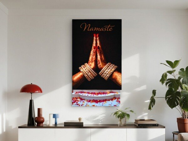 namaste henna hands canvas wall art shown framed on a wall