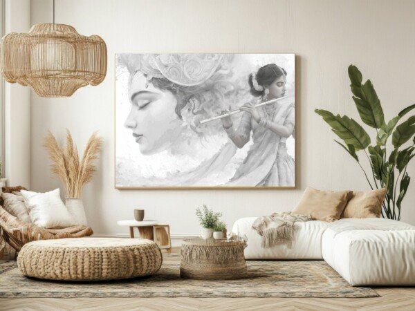 krishna flute player canvas wall art shown framed on a wall