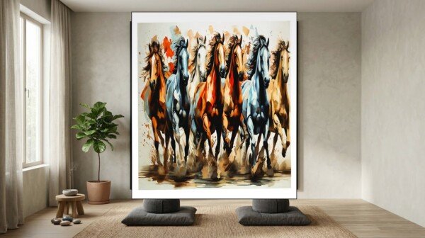 wild horses stampede canvas wall art shown framed on a wall