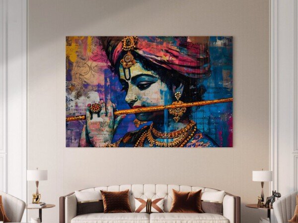 krishna flute collage art canvas wall art shown framed on a wall