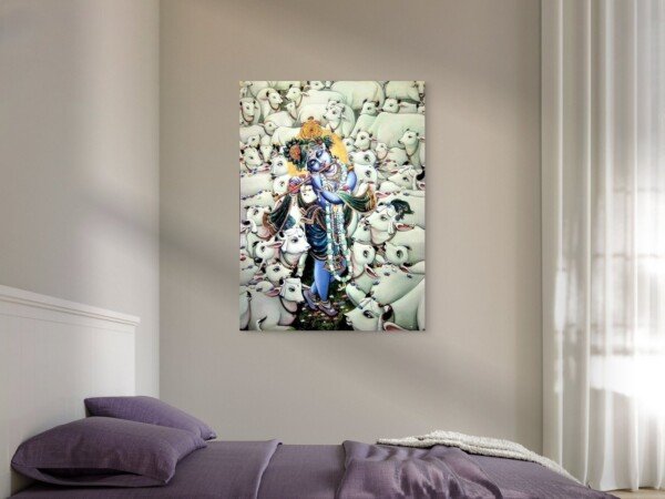 krishna with white cows canvas wall art shown framed on a wall
