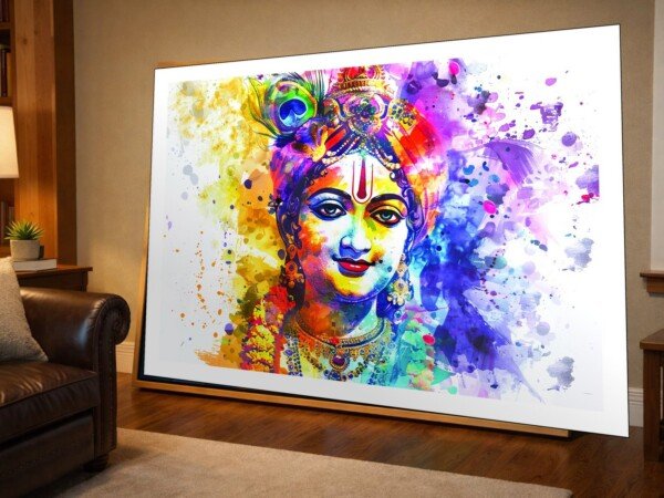 krishna rainbow splash canvas wall art shown framed on a wall