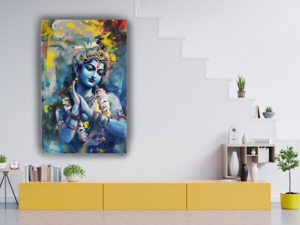 krishna art canvas wall art shown framed on a wall