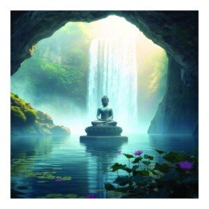 Buddha Waterfall Cave Canvas Wall Art 3x4 Feet – Floating Frame – Premium Digital Canvas Print – Living Room & Home Spiritual Wall Décor
