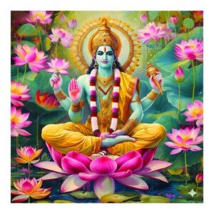 Narayana on Lotus Canvas Wall Art 3x4 Feet – Floating Frame – Premium Digital Canvas Print – Living Room & Home Spiritual Wall Décor