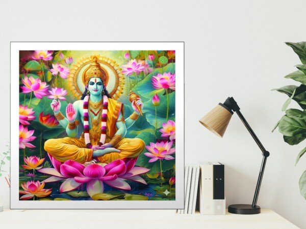 narayana on lotus canvas wall art shown framed on a wall