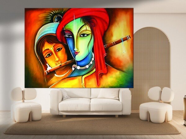 radha krishna color duet canvas wall art shown framed on a wall