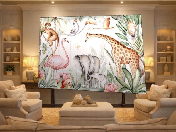 safari friends nursery canvas wall art shown framed on a wall