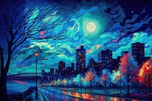 Starry City Nights Canvas Wall Art 3x4 Feet – Floating Frame – Premium Digital Canvas Print – Living Room & गृह आध्यात्मिक दीवार सजावट