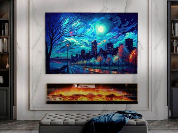 starry city nights canvas wall art shown framed on a wall