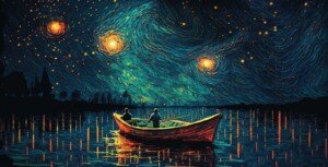 Lantern Lake Starry Night Canvas Wall Art 3x4 Feet – Floating Frame – Premium Digital Canvas Print – Living Room & गृह आध्यात्मिक दीवार सजावट