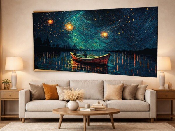 lantern lake starry night canvas wall art shown framed on a wall