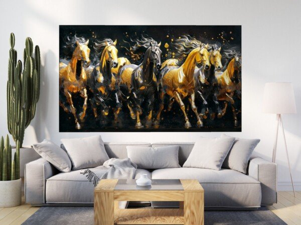 golden horses midnight run canvas wall art shown framed on a wall
