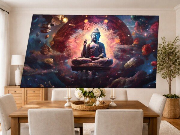 cosmic buddha nebula canvas wall art shown framed on a wall