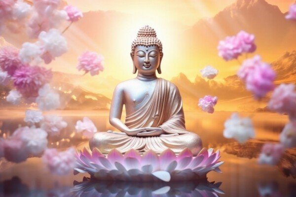 buddha on lotus at dawn canvas wall art