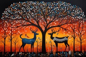 Autumn Deer Folk Tree Canvas Wall Art 3x4 Feet – Floating Frame – Premium Digital Canvas Print – Living Room & गृह आध्यात्मिक दीवार सजावट