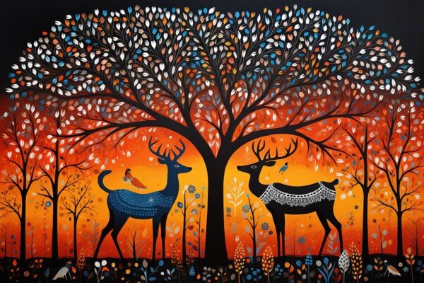 autumn deer folk tree canvas wall art